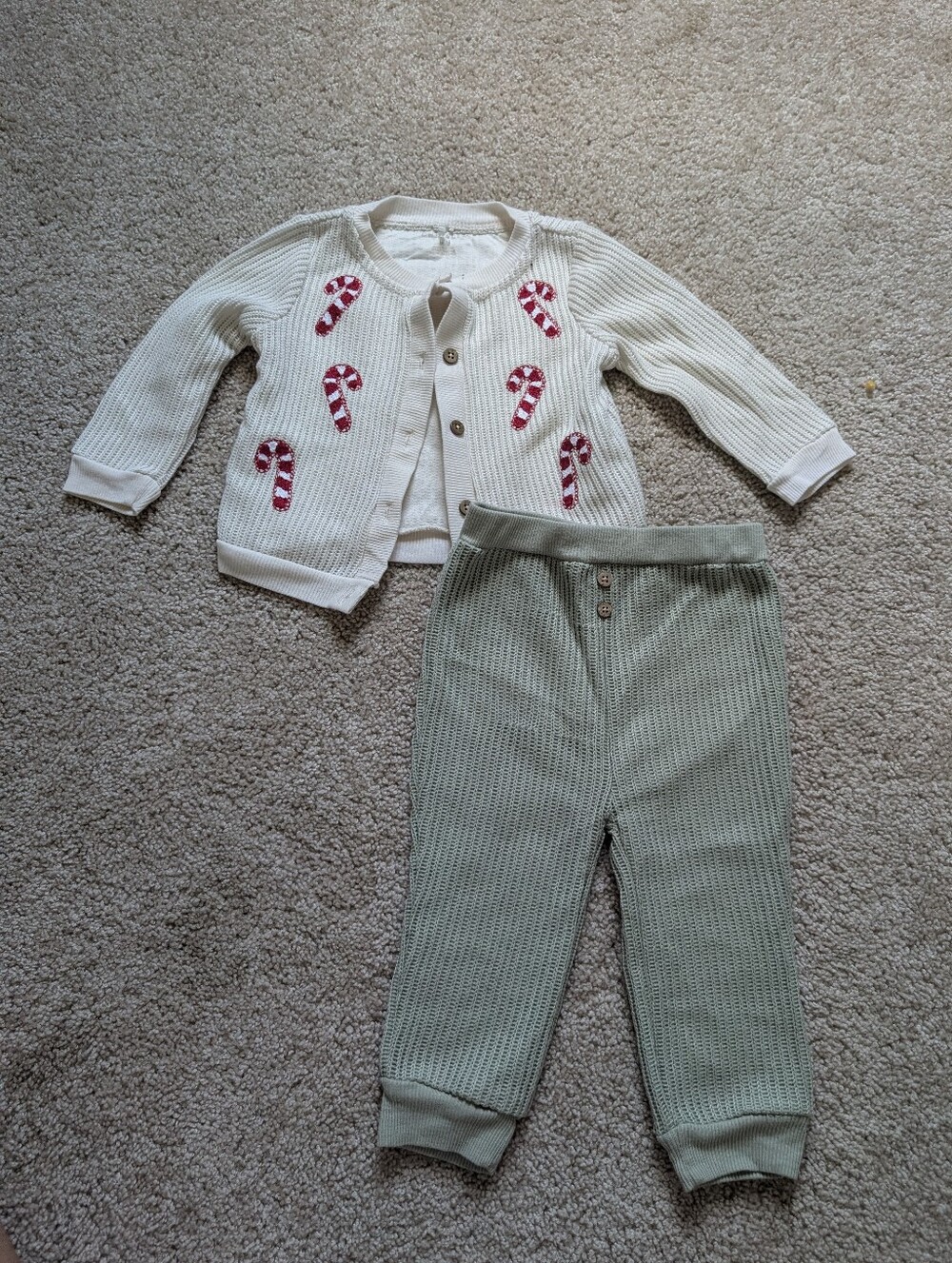 Kids Cream Candy-Cane Knit Cardigan & Sage Green Pants Matching Set